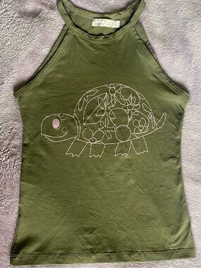 Zara TRF Y2K Green Turtle Graphic Halter Tank Top Fitted Stretch Coquette Indie